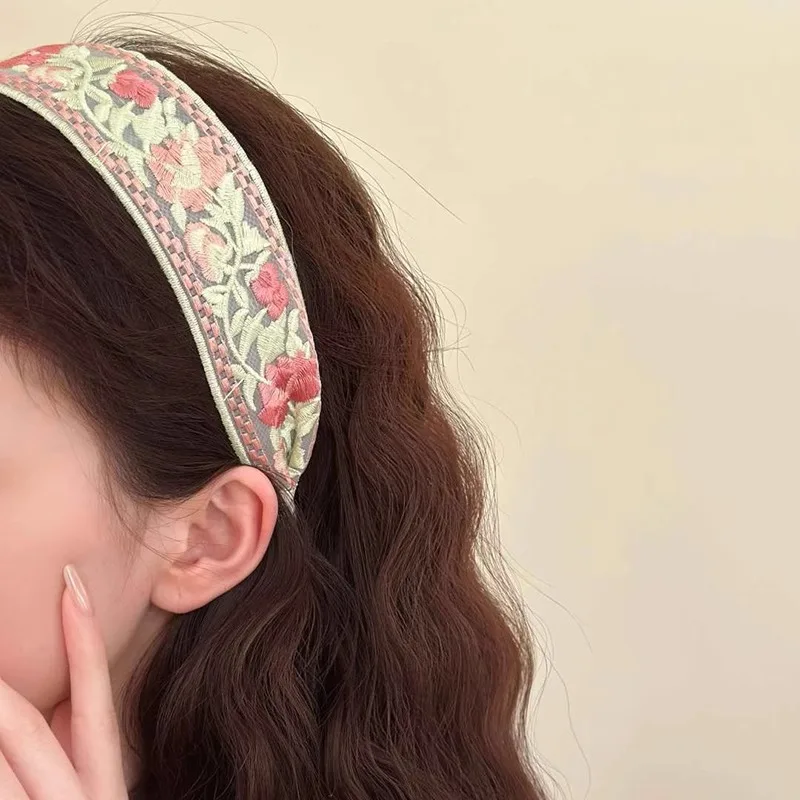 

Chinese Style Embroidered Flower Headband for Adult Kids Linen Fabric Headwear Children Floral Wide Hairband Hair Accessories