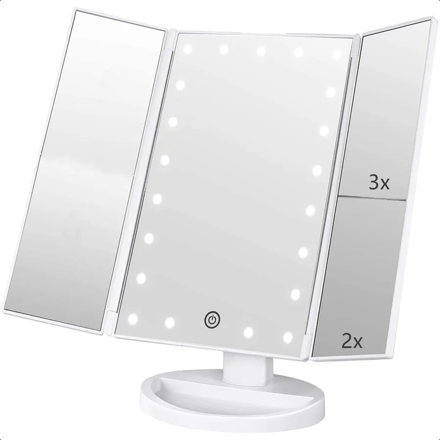 

3 Folds Lighted Vanity Makeup Mirror1X 2X 3X Magnification 21 LED Light Bright Table Mirror with Touch Screen 180 Adjustable Ro