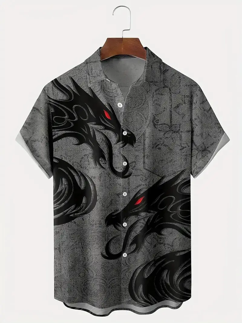 

2024 Men's New Street Dark Dragon Pattern Style High Quality Trendy Fashion Shirt Summer Print Loose Short sleeved Shirt