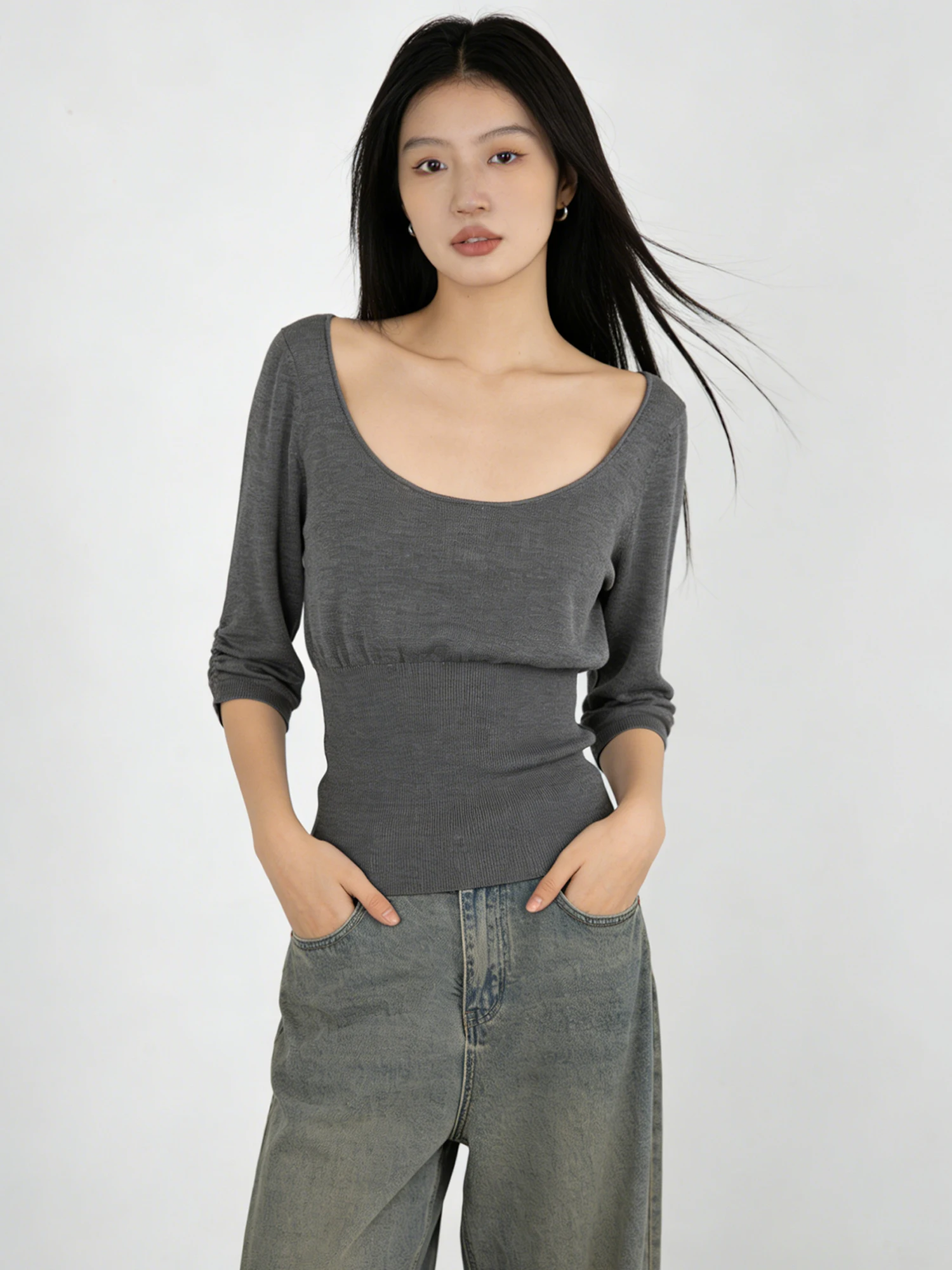 

Lacele Tianli Mid-Sleeve Knitted Top Women Summer New Style Five-Sleeve Waist-Cinching U-Neck Korean Style Slim Fit Fashion