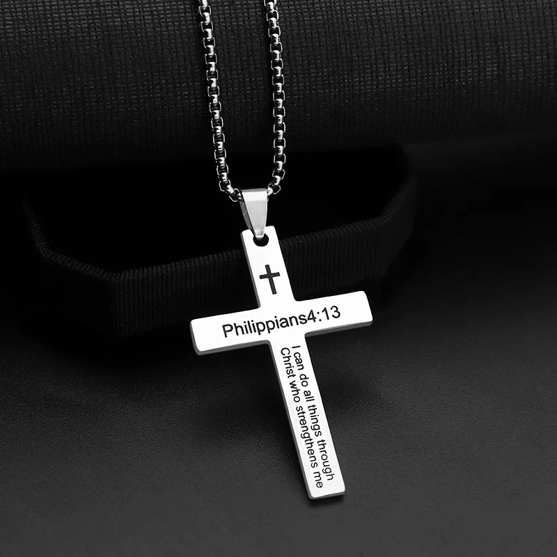 Stainless Steel Philippians 4:13 Men\'s Simple Cross Pendant Necklace Religious Talisman Jewelry Men and Women