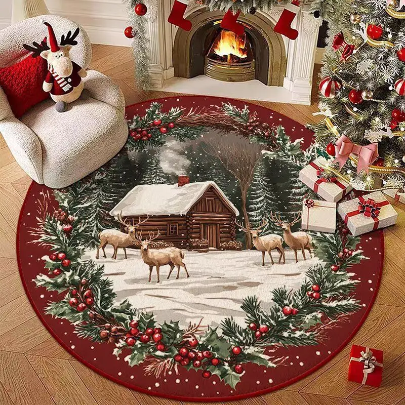 VIKAMA Round Christmas Winter Snowhouse Pine Branch Wreath Round Floor Mat Living Room Holiday Home Christmas Decoration