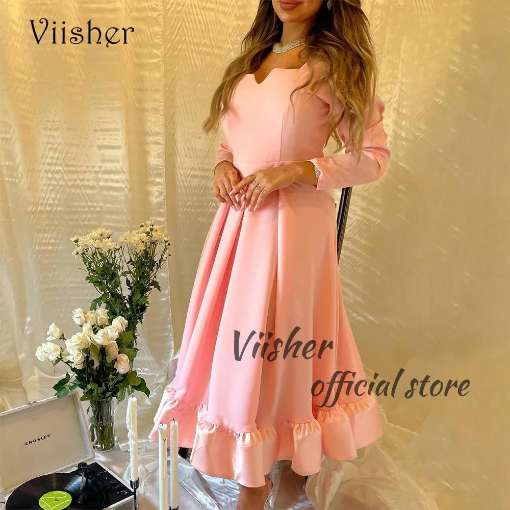 

Viisher Pink Satin A Line Evening Dresses Long Sleeve V Neck Draped Prom Dress Tea Length Arabic Dubai Evening Party Gowns