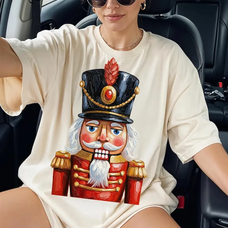 Nutcracker Shirts Impasto Christmas Holiday Painting Sublimation Festive Xmas Shirt Vintage Soldier Graphic T Shirts Cotton Tees