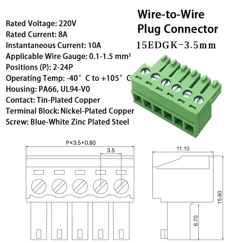 Г-образный комплект Header & Plug | Сертифицированный UL94V-0 разъем PCB 3.5мм 2-24P | Изоляция PA66 | Экологичный зеленый
