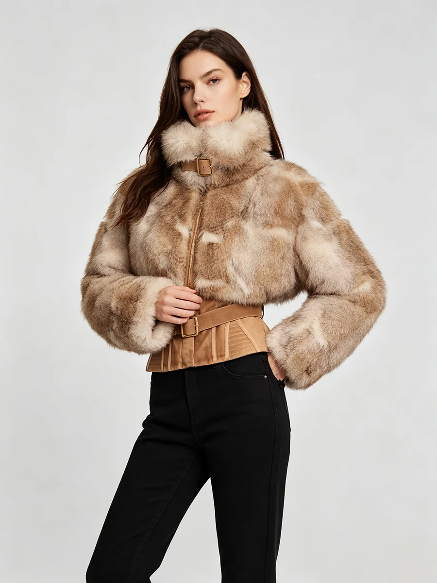 LIMO Women Belted Faux Fur Suede Spliced Cropped Coat