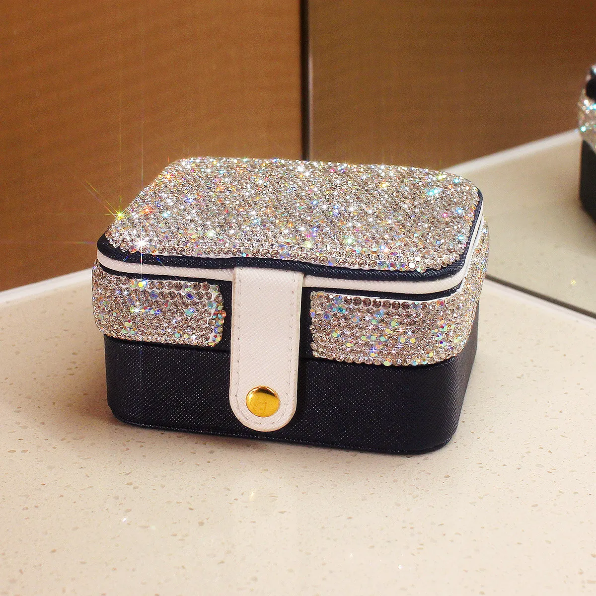 Bling Diamond Jewelry Storage Box With Mirror Multi-Functional Portable Earring Ring Necklace Display Rack Leather Organizer Box