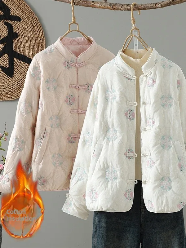 

Thiened Embroidered Cotton Jaet with Button Stand Collar down And Cotton Women's Outerwear Autumn Winter Warm Retro Sle