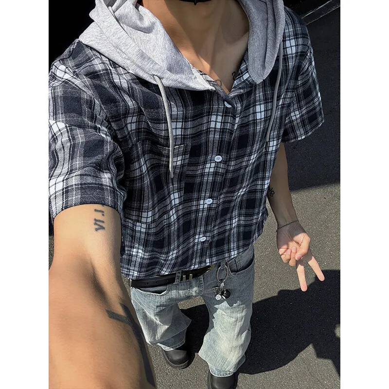 Summer Short Sleeved Shirt Men Fashion Retro Casual Hooded Shirt Men Streetwear Korean Loose Plaid Shirts Man Large Size 4XL