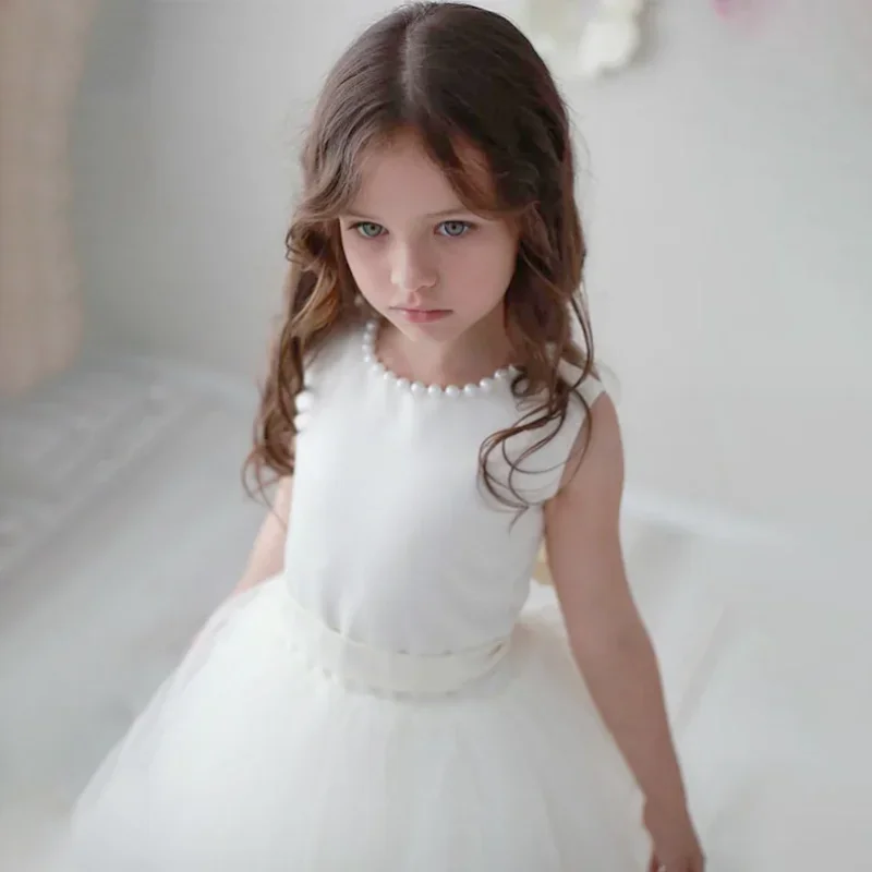 

White Satin Tulle Pearl Neckline With Bow Belt Sleeveless For Wedding Birthday Party First Communion Gowns Flower Girl Dresses