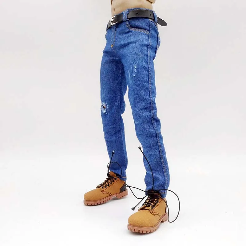 1/6 Scale Elastic Blue Ripped Jeans Denim Pants with Belt Model for 12in Male Soldier Ph Tbl Action Figure Accessory