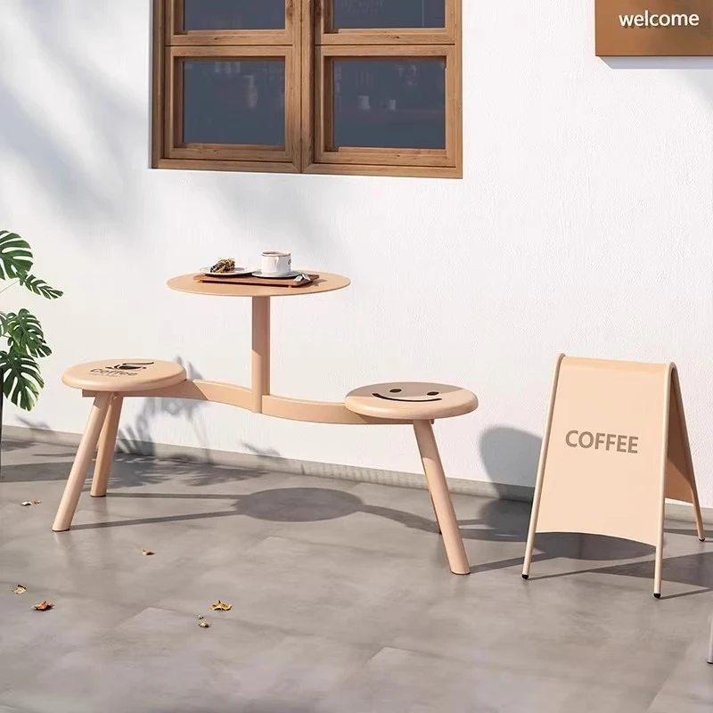 Cream Wind Outdoor Table and Chair Terrace Milk Tea Coffee Hotel Outside Round Smiley Bench Patio Leisure Chair