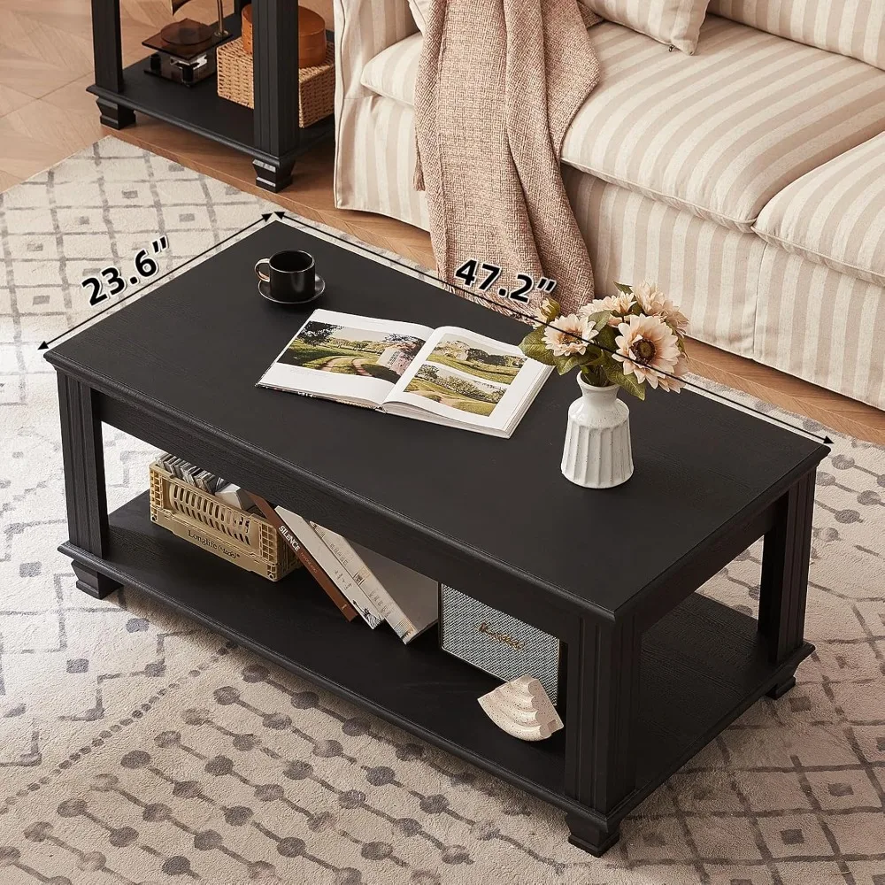 Tables basses de ferme pour salon, Table à thé carrée avec étagère de rangement ouverte, grande Table basse, Table centrale en bois rustique