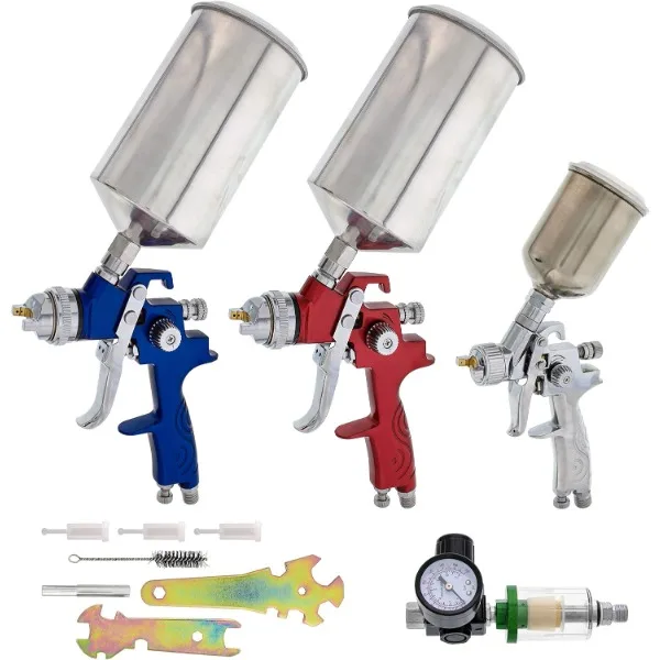 

TCP Global Brand HVLP Spray Gun Set - 3 Sprayguns with Cups, Air Regulator & Maintenance Kit for All Auto Paint, Primer