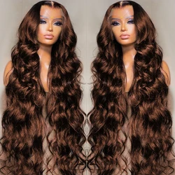 Perruque Lace Front Wig Body Wave Naturelle, Cheveux Humains, Pre-Plucked, Transparent, Brun Chocolat, 13x4, pour Femme