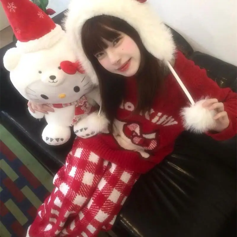 

Gril Hello Kitty Sweater Kawaii Anime Fashion Student Casual Round neck Autumn and winter Knitted shirt Pullover tops new style