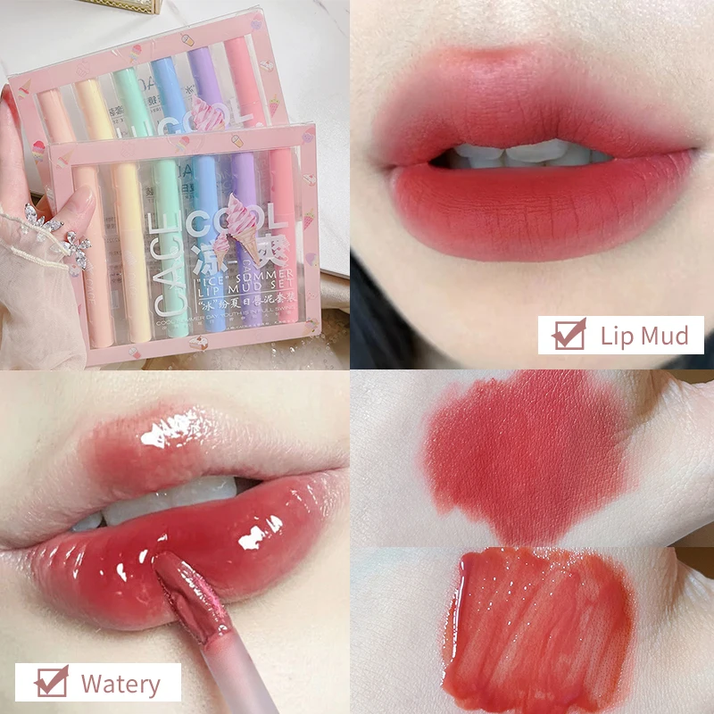 6Pcs Icy Summer Lip Gloss Set Matte Red Tint for Lip Makeup Long Lasting Water Mirror Lip Glaze Waterproof Lipstick Kit Cosmetic