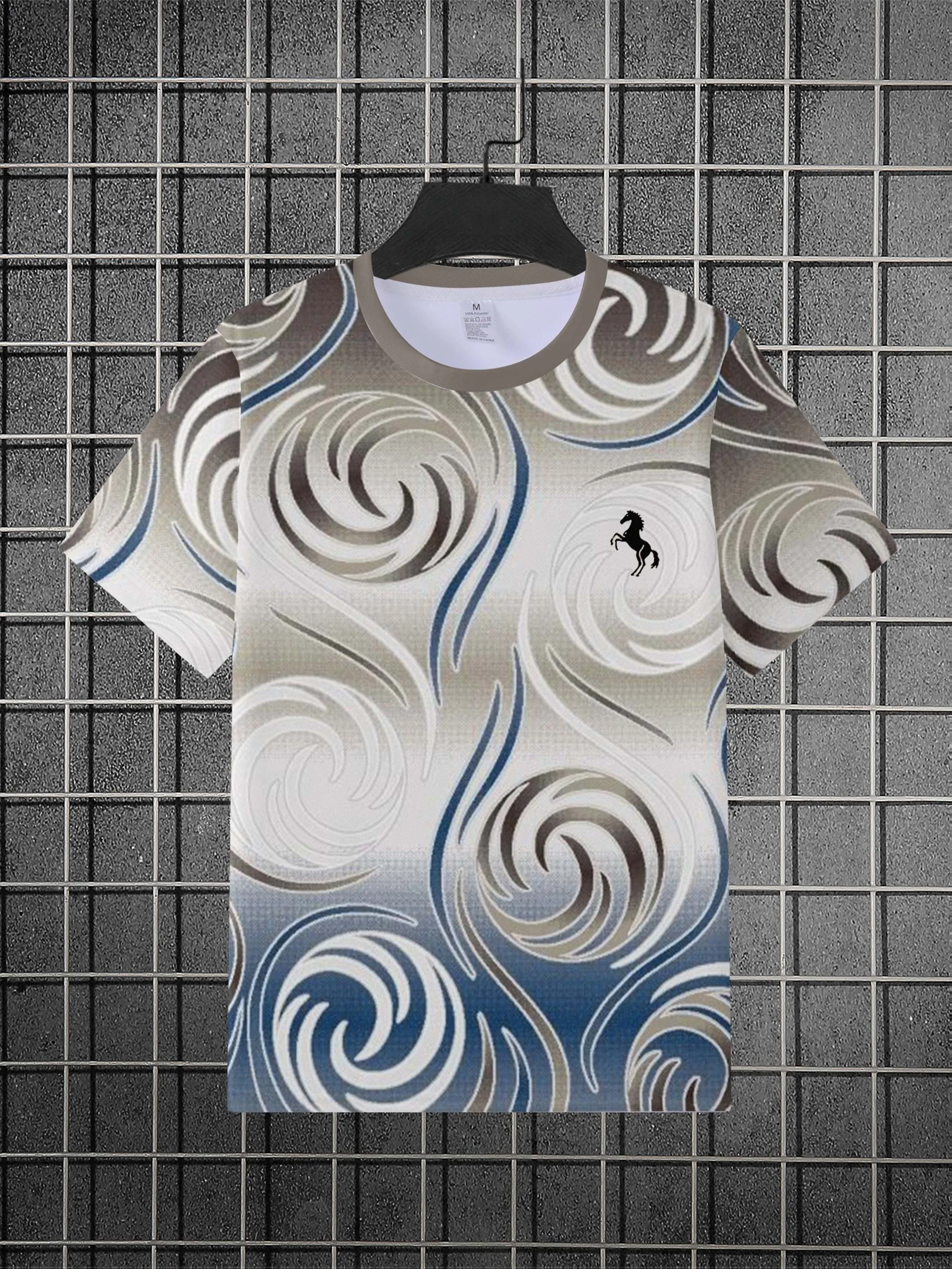 Men Gradient Gray Blue Swirl Wave Pattern Small Black Horse Logo Print Crew Neck Short Sleeve T-shirt