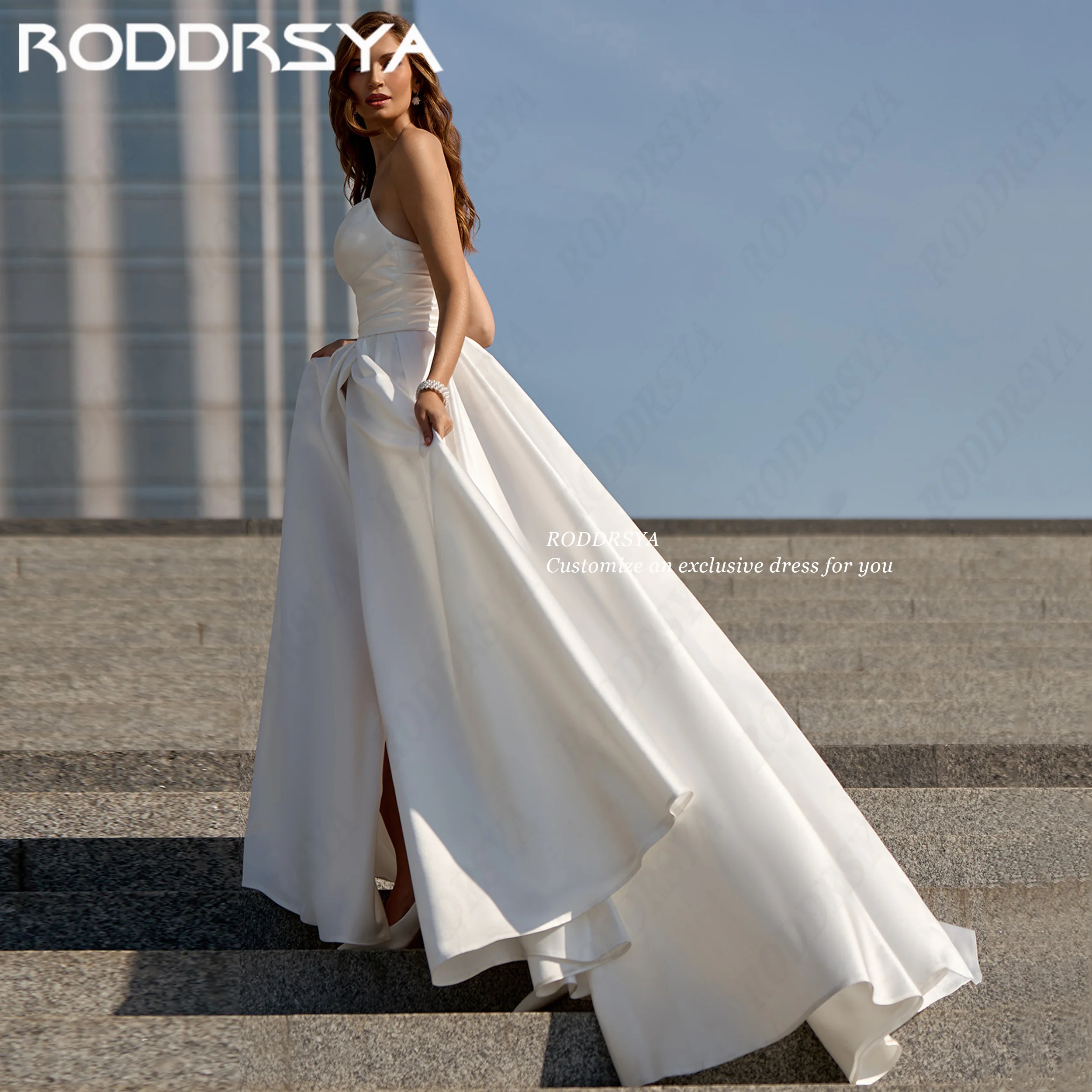 RODDRSYA 2026 Customized Stylish Satin High Slit Wedding Dress For Women Strapless abiti sposa Pleated A Line Bridal Dresses