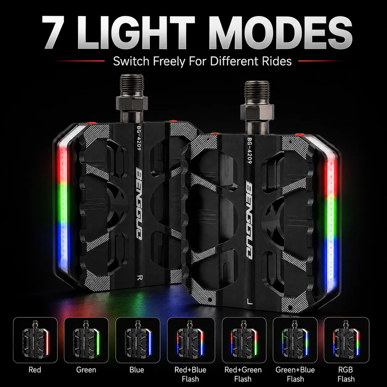 BENGGUO Aluminum Alloy LED Bike Pedals Type-C Rechargeable RGB 7 Light Modes Wide Anti-Slip Platform MTB Road City Bicycle Pedal