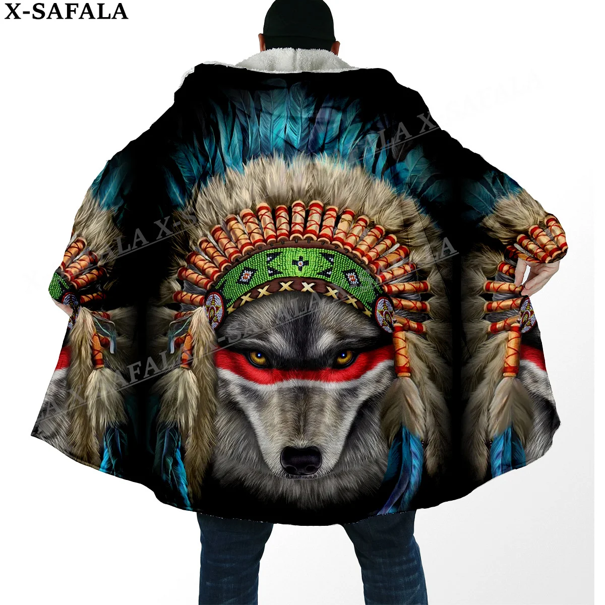 Native Wolf Spirit Totems Arts Thick Warm Hooded Cloak Men Overcoat Coat Windproof Fleece Cape Robe Hooded Blanket-19