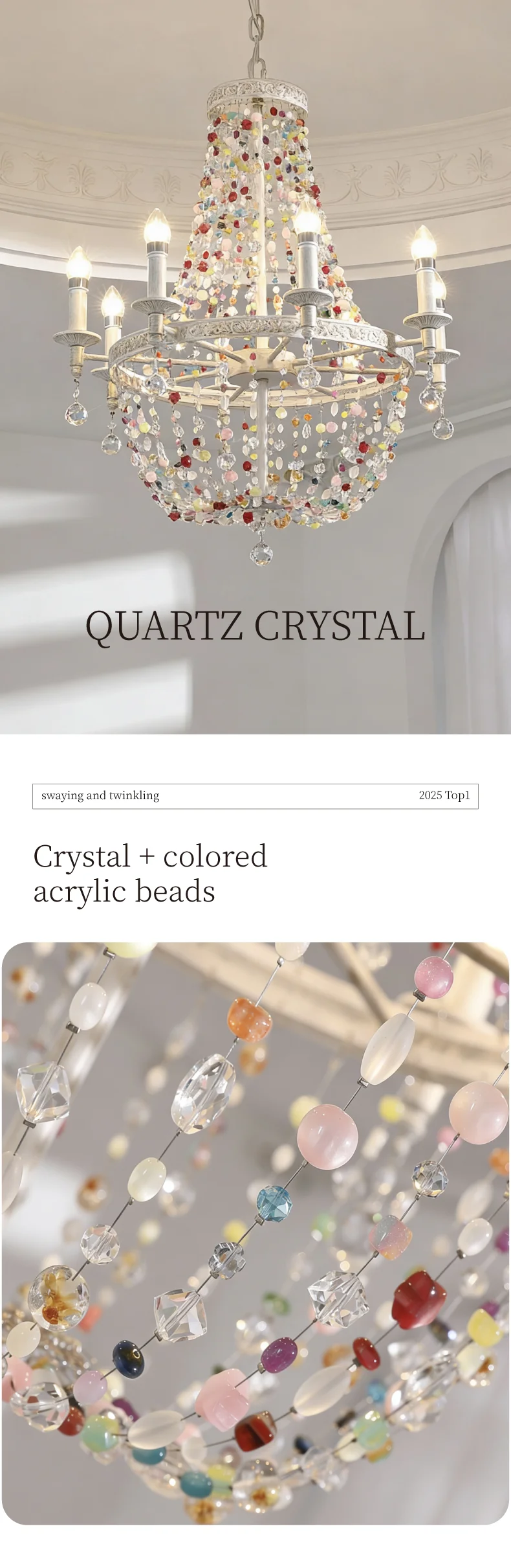 French Colorful Crystal LED E14 Pendant Light American Retro