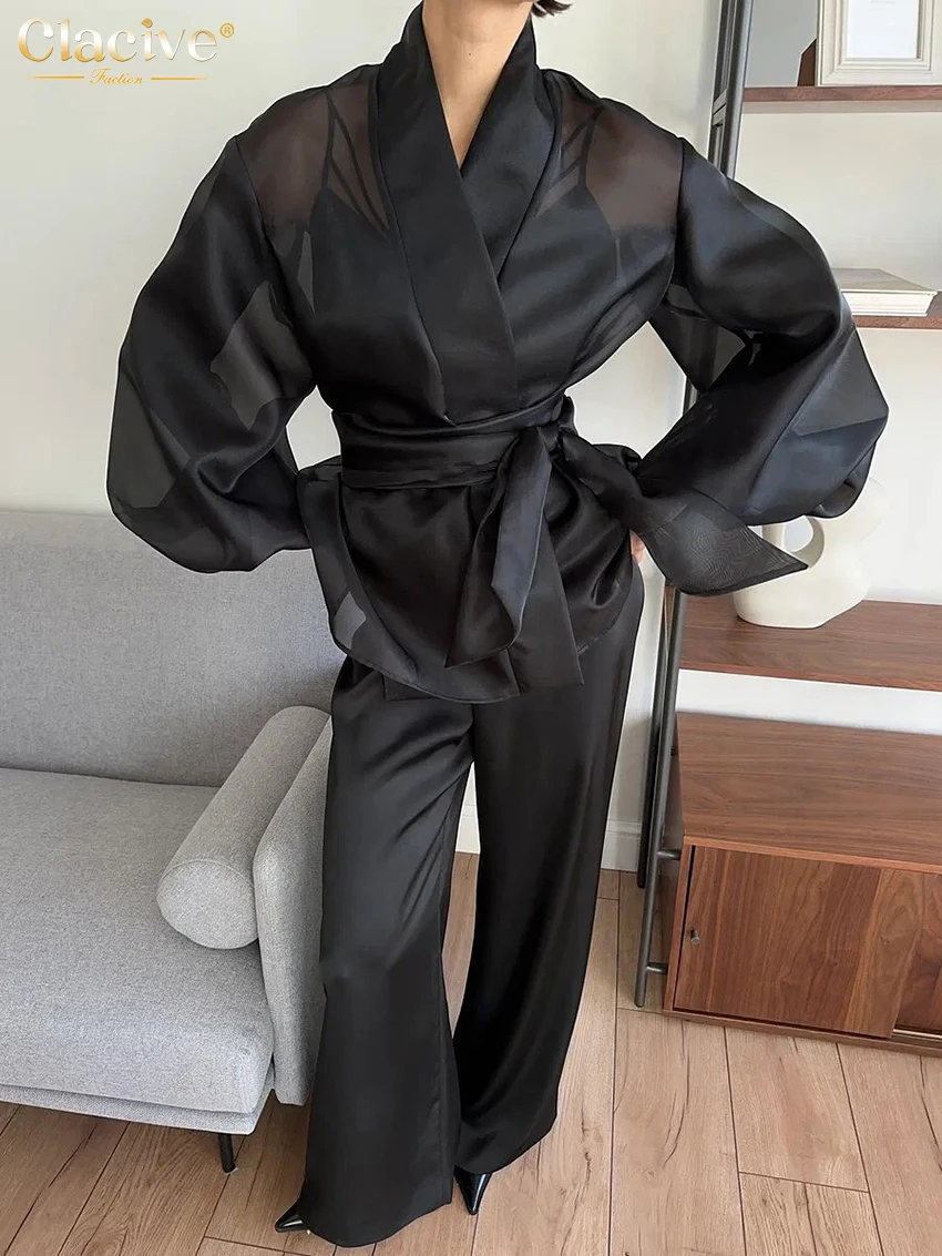 Clacive Fashion Loose Black Women's Shirt 2025 Casual V-Neck Puff Sleeve Shirts Elegant Classic Lace-Up Top Female Clothing