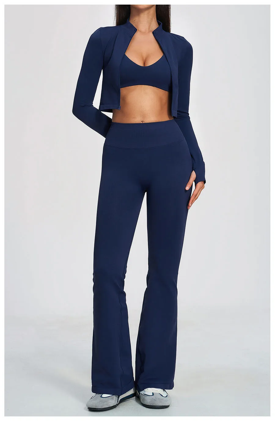 Damen-Trainingsanzug 3-teilig, Yoga-Anzug, nahtloses Sportset, ausgestellte Leggings, Fitness- und Laufoutfit, langärmelige Sportjacke, Yoga-Bekleidung – Detail 12