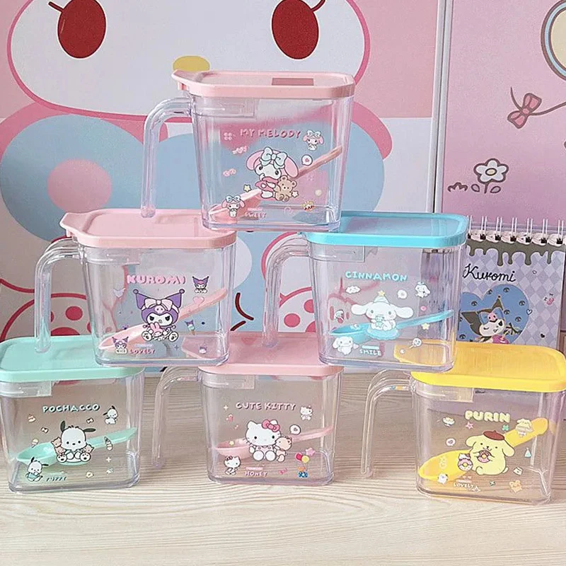 

Hello Kitty Kuromi Cinnamoroll Seasoning Box with Spoon Cartoon Anime Sanrio Pochacco Msg Salt Storage Box Can Cute Spice Jar