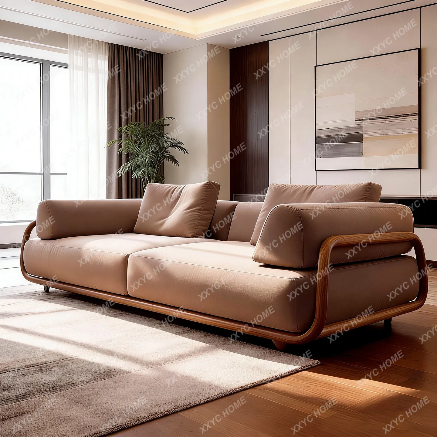 New Chinese living room solid wood sofa modern simple straight row North American black walnut straight row fabric sofa