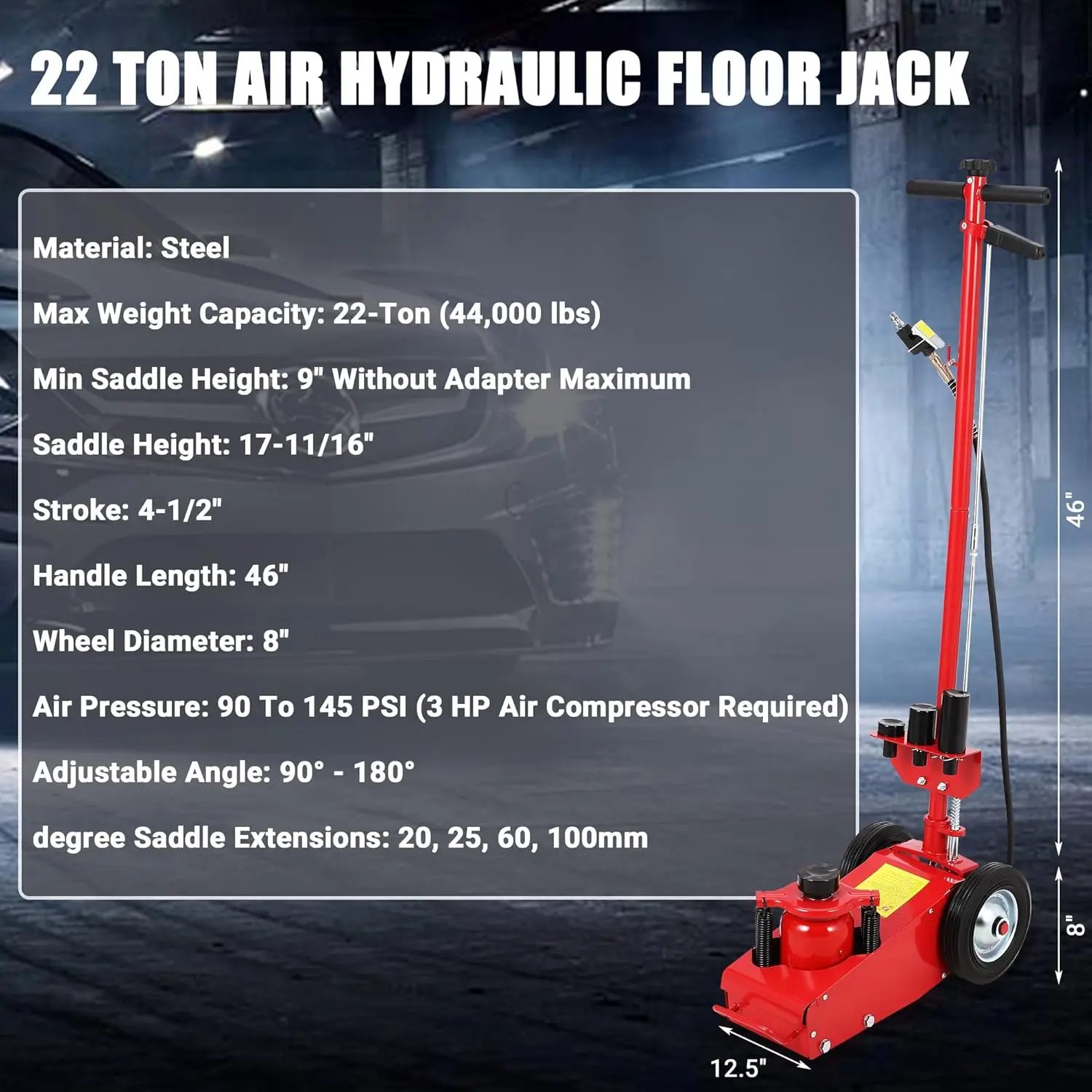 22 Ton Air Hydraulic Floor Jack For Heavy Duty Trucks & Tractors 44000 LBS Capacity 4 Adapters Adjustable Handle Dual Power