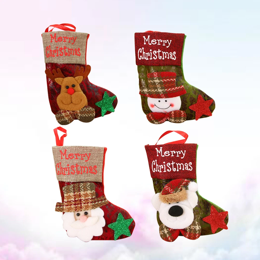 

4 Pcs Stockings Decorations Vintage Fireplace Socks for Tree Door Christmas Decorations Wall Window Gifts Holiday Party