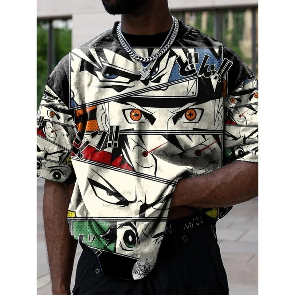 New Anime Plus Size Casual Printed T-shirt for Men's Summer Top Breathable Loose Men's Knitted Shirt Retro Street Short Sleeve