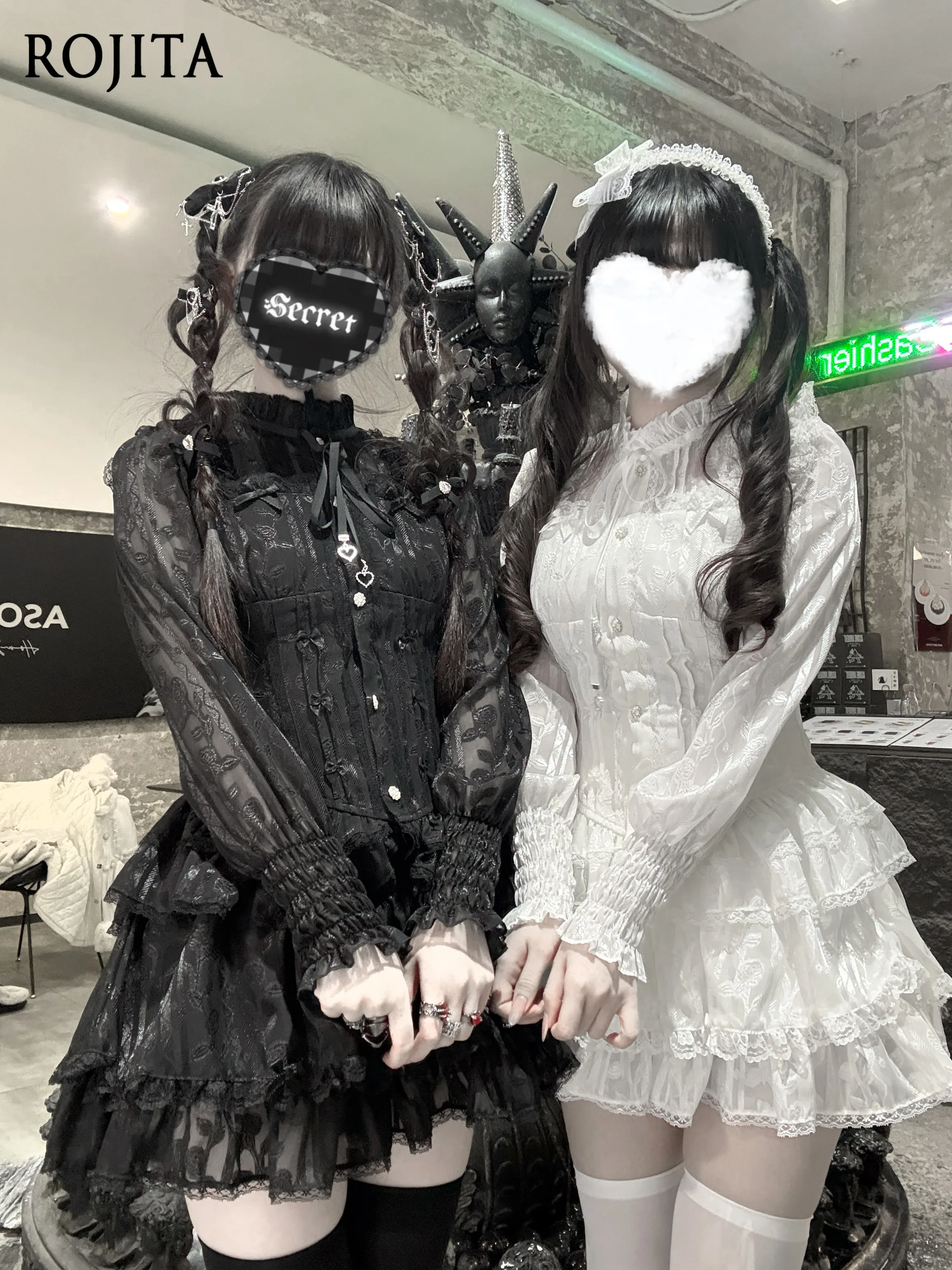 Gothic Lolita 2 Piece Set Lace High Neck Ribbon Bow Long Sleeve Blouse + Multi-Layer Ruffle Mesh Pumpkin Mini Shorts