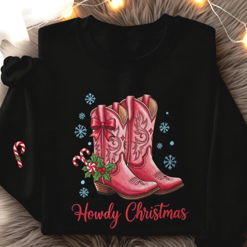 

Christmas Sweatshirt Winter Clothes Women Clothing Christmas Hoodie Western Cowboy Boots Embroidered Holiday Pullover Sweatshirt