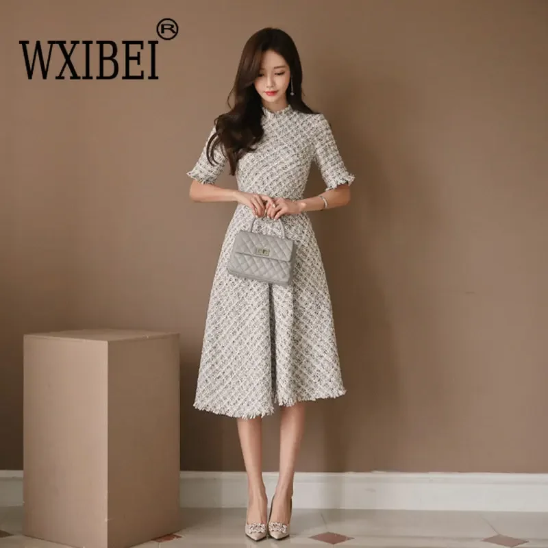 

WXIBEI Fashion Elegant Tweed Slim Bottom Dress For Women 2023 Summer New Round Neck Short Sleeve High Waist A-line Dresses FC587