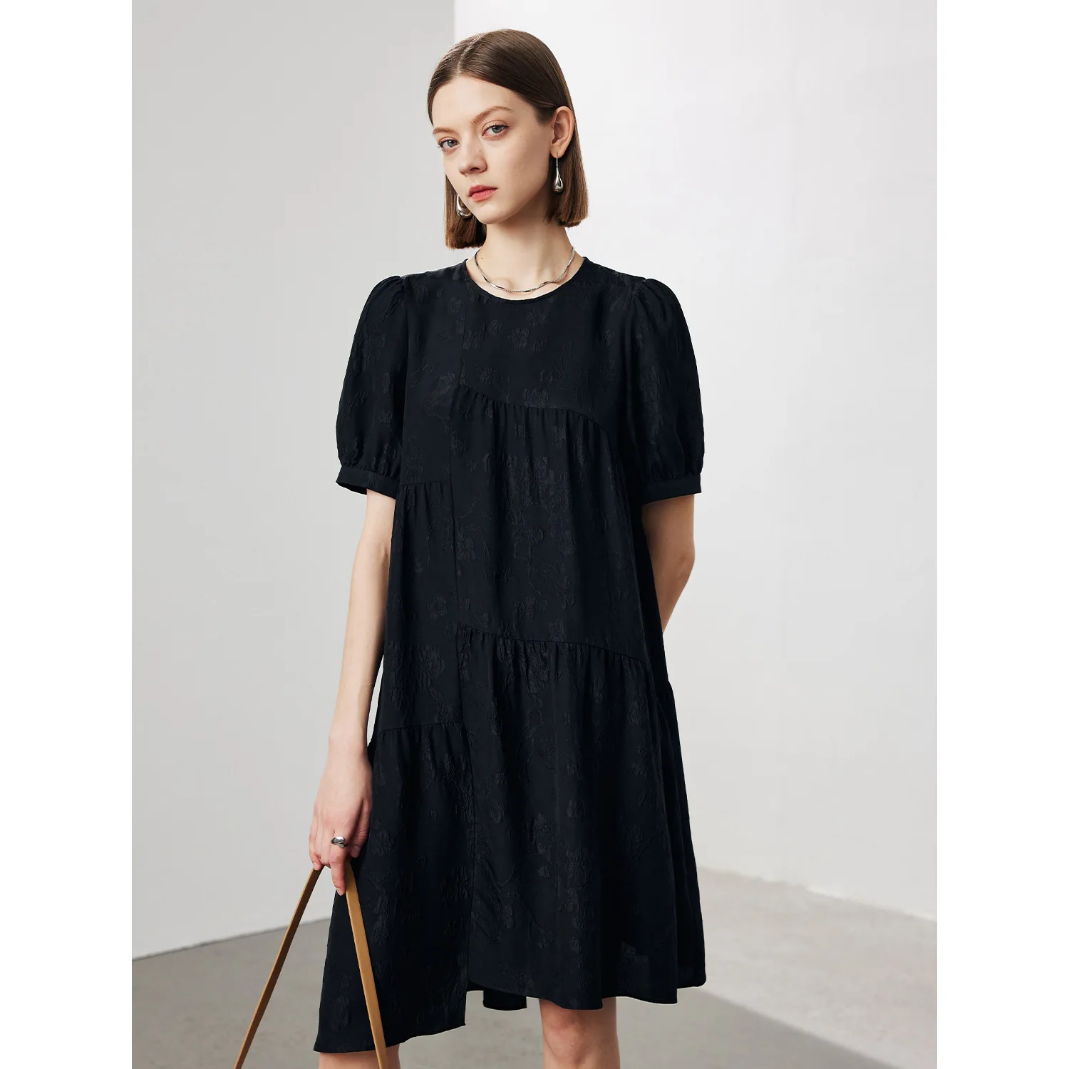 2024 Women's Fashion Spring and Autumn New 100% Natural Mulberry Silk Jacquard GuanLe Crepe Round Neck Short Sleeve Casual Dress