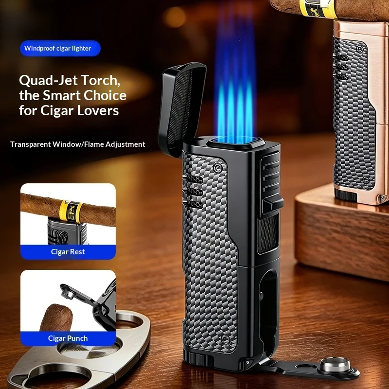 2026 Windproof 4-Flame Multifunctional Cigar Lighter Visual Gas Window Cigar Holder Cigar Diamond High Grade Butane Gas Lighters