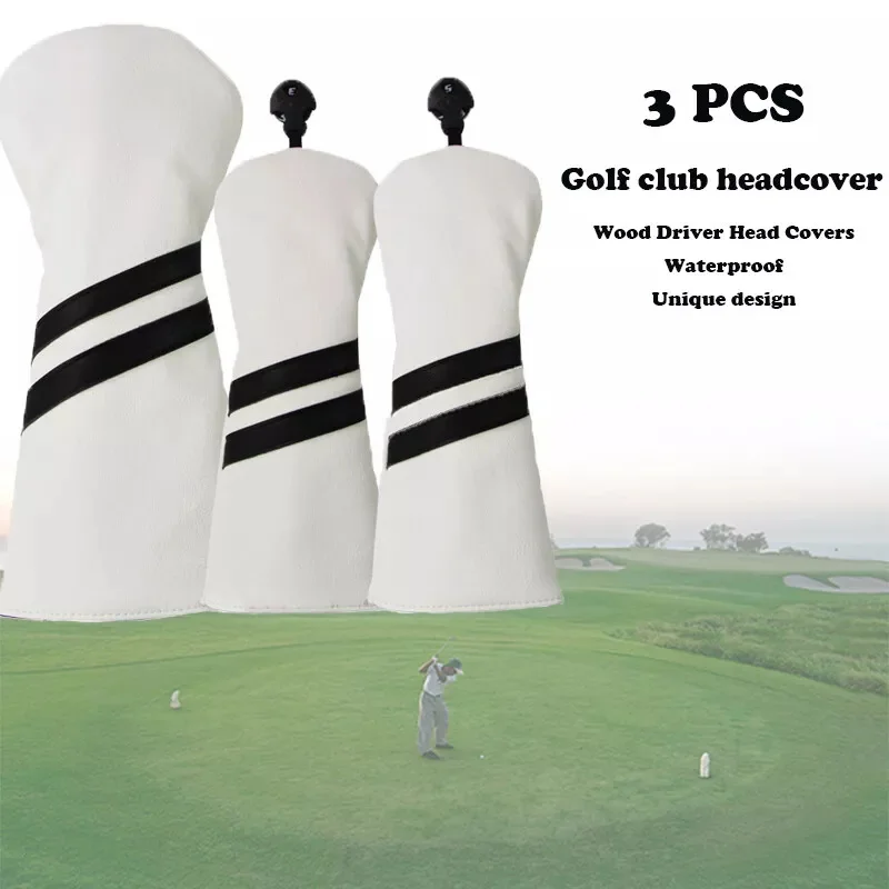 3pcs Waterproof Striped Golf Club Headcovers #1 #3 #5 Wood Headcovers Driver Fairway Woods Cover PU Leather Head Covers