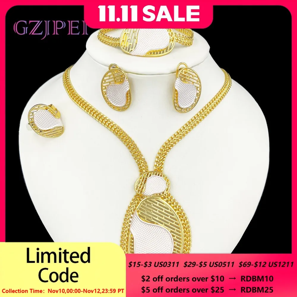 

GZJPEI Big Jewelry Set Two Tone Miami Chain Necklace Bracelet Elegant Stud Earring Ring 2025 Trendy Wedding Party Jewellery ﻿