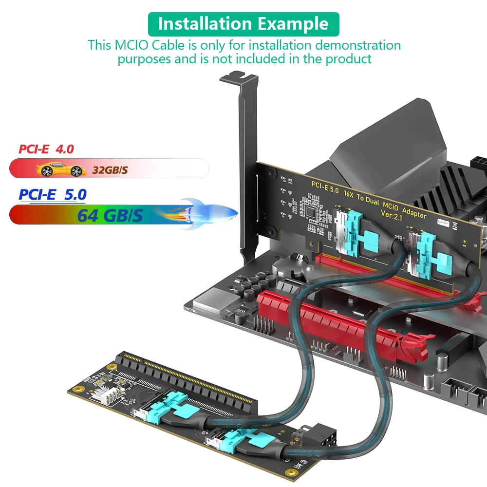 Dual MCIO 8i SFF-1016 to PCIe 5.0,Dual MCIO 8X PCI-Express 16x Adapter Card with ATX 6pin Power Port for External Game GPU Grap