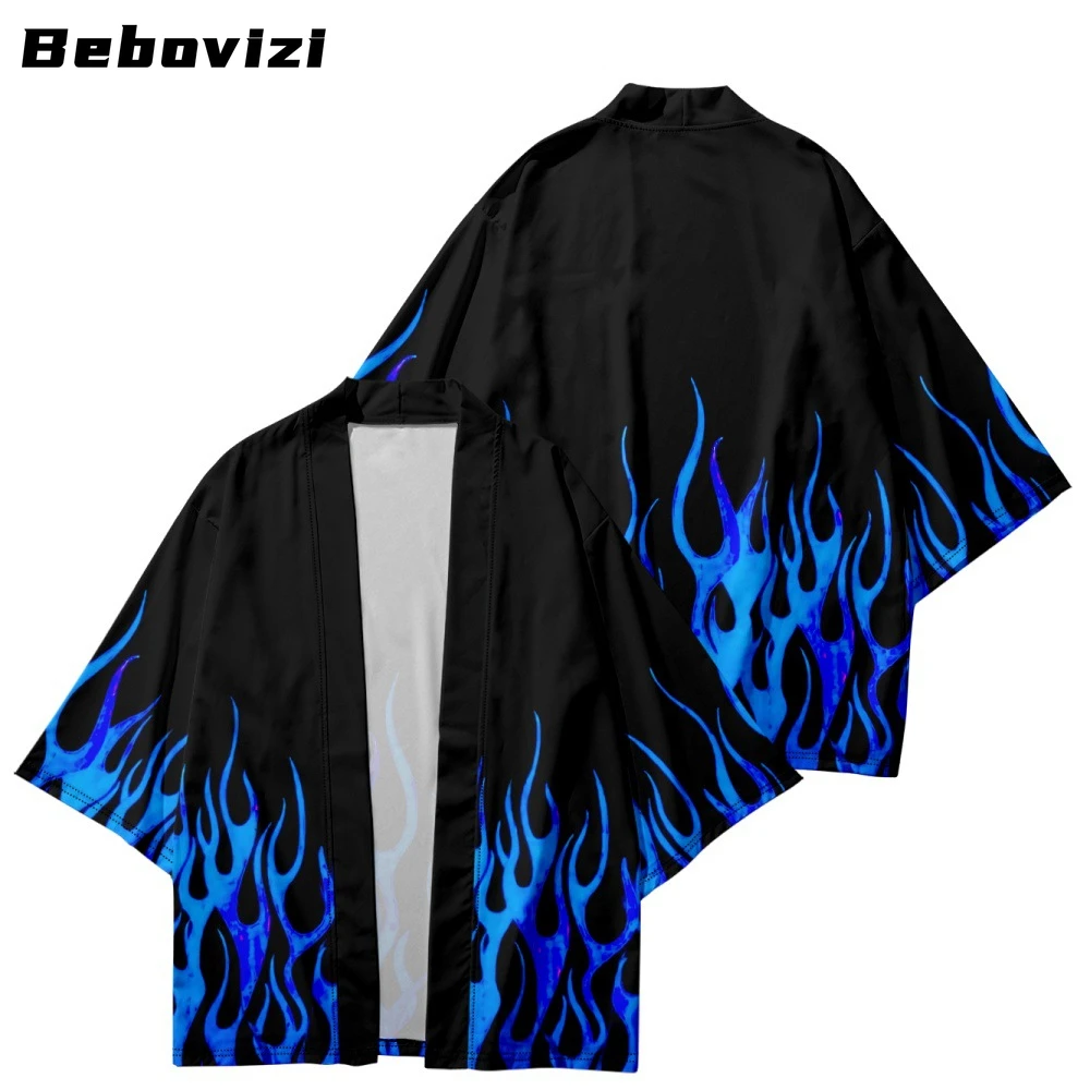 New Design Blue Flame Print Shirt Kimono Women Men Harajuku Haori Japanese Beach Yukata Streetwear Cardigan Clothing