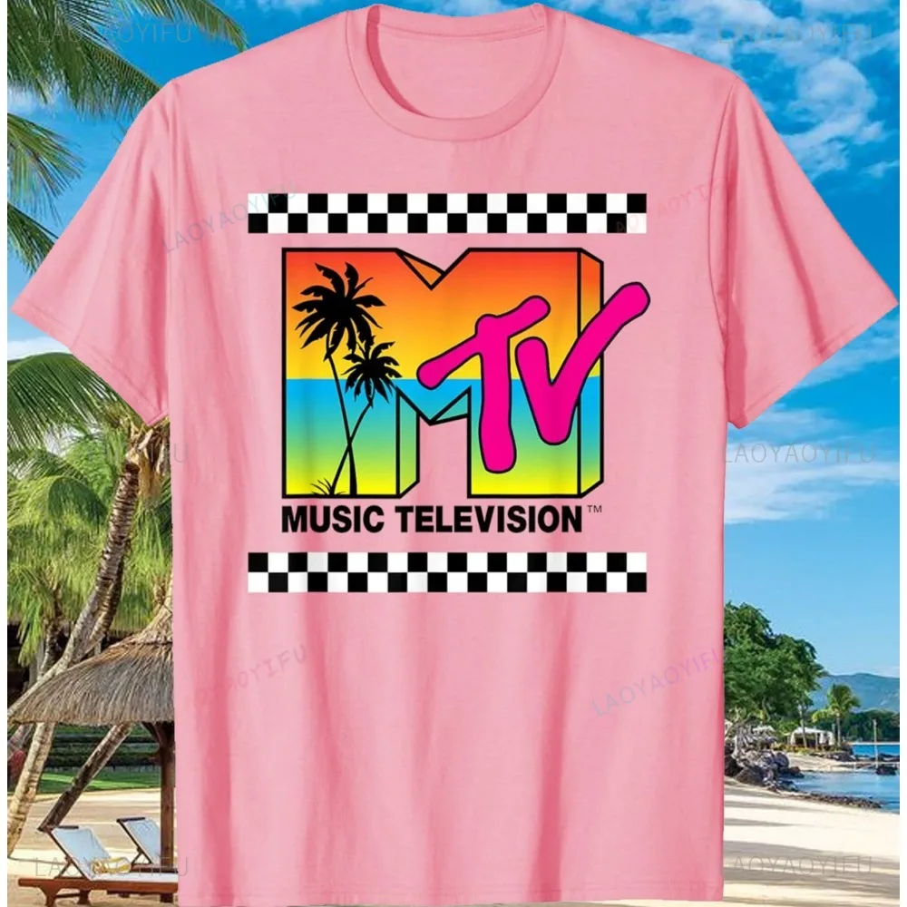 MTV Beach Island Logo Retro Graphic 100% Cotton T-shirt M-T-V Sunset Palm Tree Print Top Unisex T-shirts