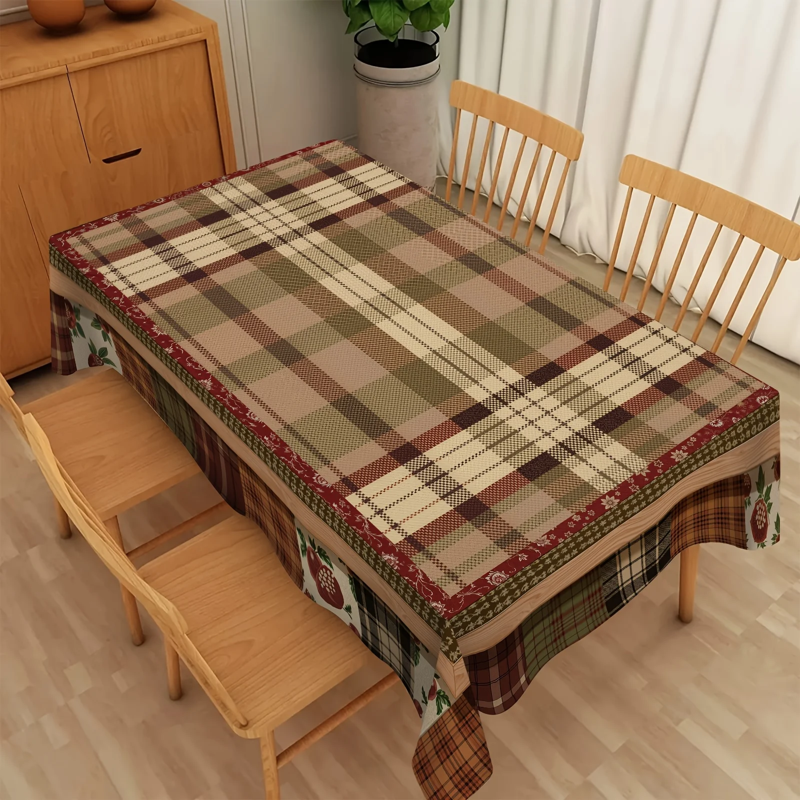 Classic checkered tablecloth showcases elegant style. The table and decorative items are all matched with this tablecloth.zyc
