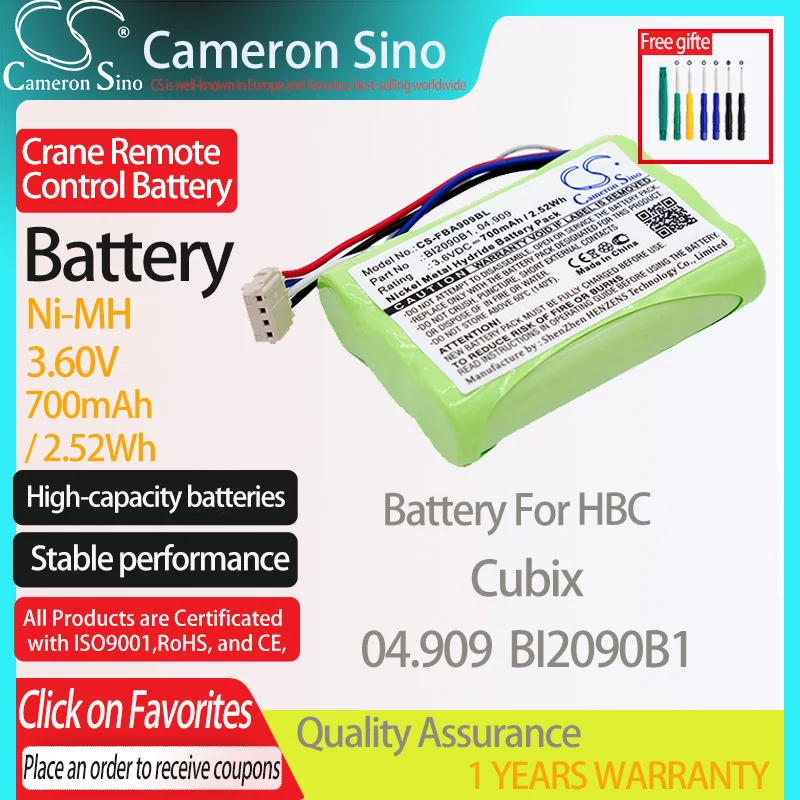 CameronSino Battery for HBC Cubix fits HBC 04.909 BI2090B1 Crane Remote Control battery 700mAh/2.52Wh 3.60V Ni-MH Green