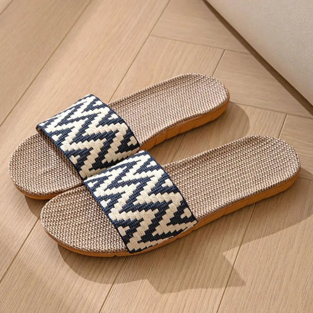 

Cozy Ethnic Style Linen Stripe Slippers Soft Non-Slip Patchwork Flat Slippers Sweat Absorption Shoes Slipper Women Men Summer