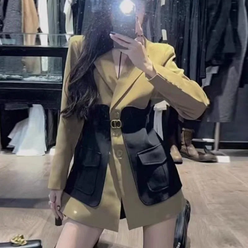 Women's Spring Autumn Fashion Patchwork Blazer Office Lady Graceful Slim Suit Jackets with Waistbelt 2025 New Outwear Female