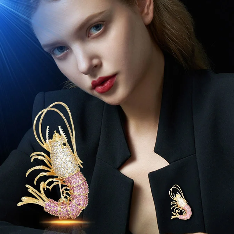 

Bobokiki Jewelry Fashion Shrimp Titanium Steel Micro-Inlaid AAA Zircon Silver Needle Luxury Retro Animal Brooch