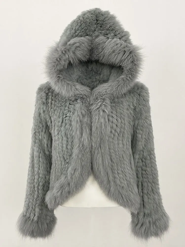2025 New Autumn Winter Hooded Real Fox Fur Jacket Natural Rabbit Fur Coat Women Fashion Solid Kintting Fur Outerwear Female