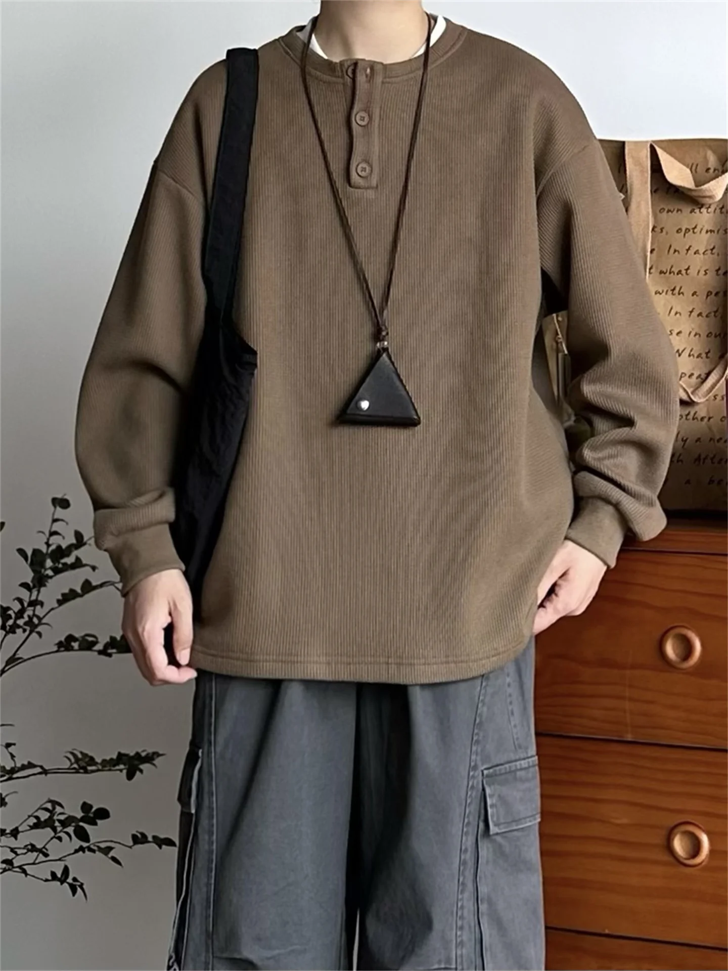 

Loose Fit Ne Base irt for Men Vintage Heavyweight Henry irt Inner Wear Sweatirt Casual Wfle Pattern T-irt